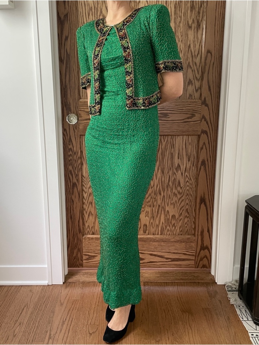 Vintage Green silk Allover Beaded cocktail dress with attached jacket size small